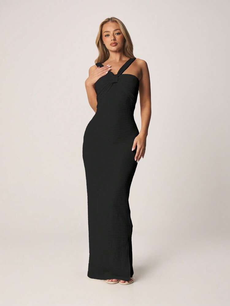 MISSGUIDED Women's Textured Stretch Bodycon Twist Bust Halter Maxi Dress With Side Slit