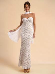 SHEIN BAE White Lace Strapless Mermaid Dress With Sash, White Dress, Wedding Season Dress - White - View 4