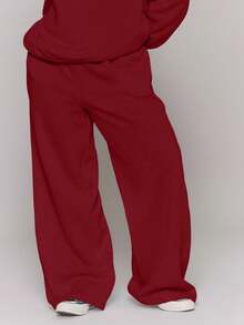 MUSERA 加大码直筒贴片Logo运动裤，秋季休闲日常基础款，舒适情人节款 - 酒紅色 - 查看 2