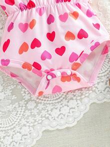 SHEIN Bộ áo liền quần kiểu dáng thường ngày cho bé gái, in hình trái tim và có bèo nhún. - Màu Hồng  Dưa hấu - Xem 7