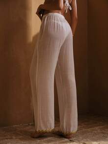 SHEIN Swim Chicsea 26SS 女士春夏沙滩罩裤，优雅明星同款浪漫风，轻薄竹纤维面料，显瘦拉长，乳白色，适合沙滩、度假、派对、日常穿着 - 米色 - 查看 3