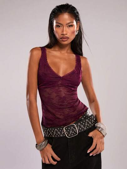 SHEIN BAE Wiśniowo-czerwony, koronkowy, prześwitujący, seksowny top, bluzka z dekoltem w serek, koronkowa bluzka, na wakacje na plaży, imprezę rave, festiwal muzyczny, na co dzień, randkę, imprezę, do klubu