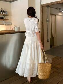 DAZY Bộ đồ nữ 2 mảnh gồm áo và chân váy xếp ly thắt nơ màu trơn, phong cách boho mùa xuân/hè. - trắng - Xem 2