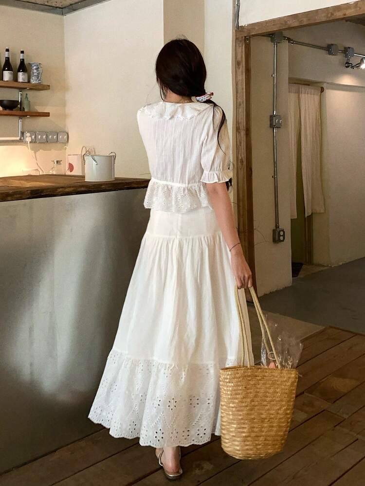 Women's Casual Solid Color Ruffle Tie Shirt And Skirt 2-Piece Set, Spring/Summer