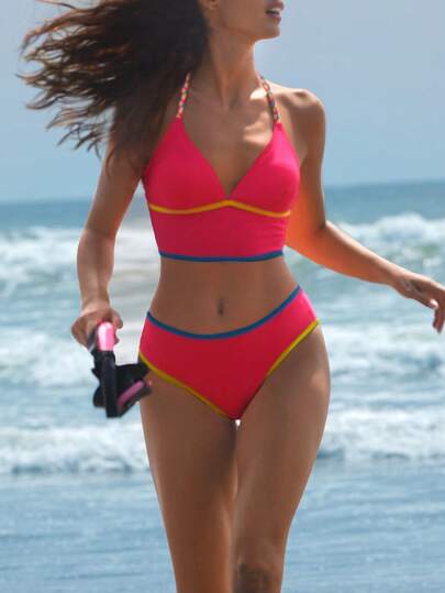 Swim SPRTY 2026SS New 2pcs Colorful Woven Strap Contrast Trim Elegant Vacation Women Crop Top & Bikini Set For Holiday, Date, Afternoon Tea, Western, Cruise, Beach, Island, Road Trip, All Seasons, Music Festival, Boho Vacation,Bohemian Vacation, Chill Autumn ,Western Boho