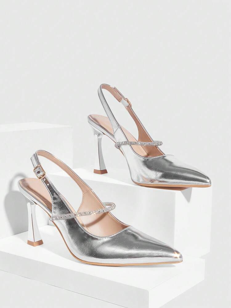 CUCCOO SZL Women's Silver Elegant Pointed Toe High Heel Pumps, Rhinestone Decor Pyramid Heel Sexy High Heels, Alluring Party Ankle Strap Stilettos, Suitable For Office, Outdoor, Wedding, Banquet, Party, Spring, Easter Spring Shoes