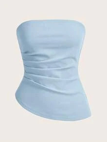 SHEIN Essnce Áo quây xếp ly màu trơn, kiểu dáng tối giản, thời trang dành cho nữ. - Màu xanh nhạt - Xem 2