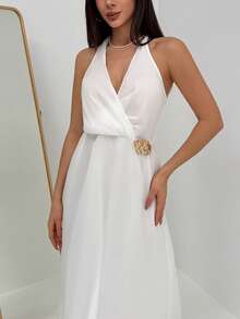 Aloruh Women's Metal Flower Decor Halter Dress Vacation White Summer Elegant,Wedding Guest Clothes - White - View 5
