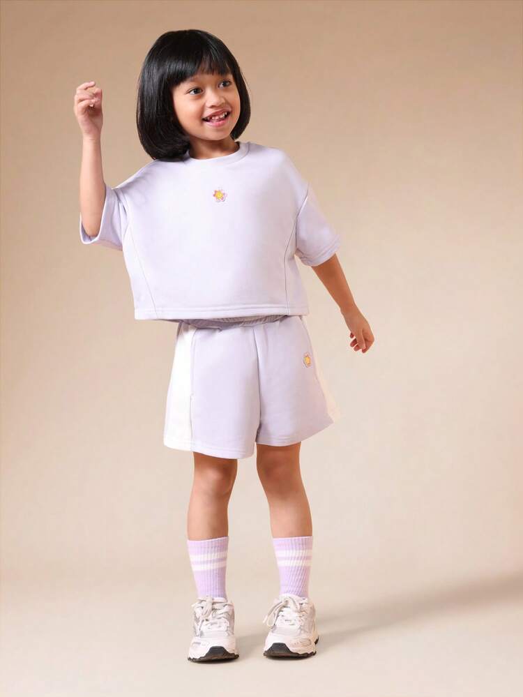 Girls Lavender Short Sleeve Crop Top And Shorts Co Ord Set With Flower Emblem Chest Print Summer Casual Two Piece Outfit