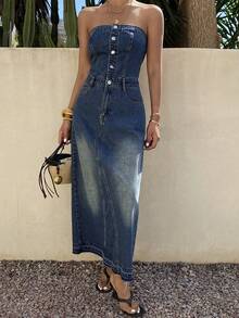 DAZY Women's Casual Washed Denim Jumpsuit Dress With Pockets, Summer - Medium Wash - View 4