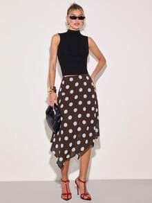 COSMINA Women's Polka Dot Chiffon Irregular Hem Skirt, Fashion Item For Daily Wear, Date, New Year, Versatile, Elegant Skirt, Suitable For Street Style Brown Polka Dot Skirt Asymmetrical Skirt Polka Dot Outfit Women - Brown - View 3