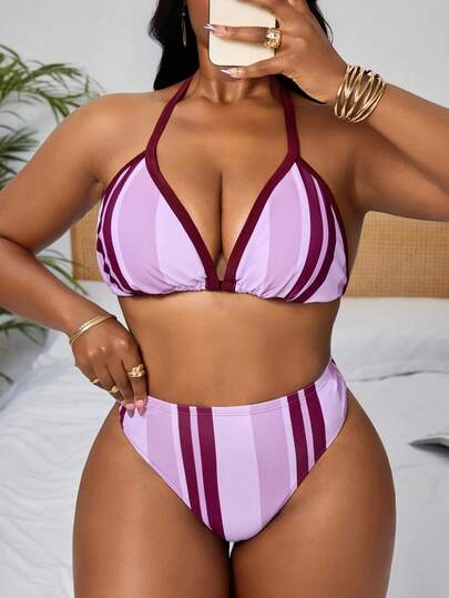 Slaydiva 2026 Spring Plus Size Striped Halter Bikini Set With Detachable Straps, High Waist Triangle Bottoms Two Pieces Swimwear For Women