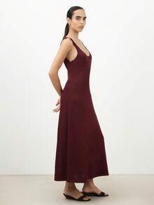 KSTM Burgundy Scoop Neck Sleeveless A Line Maxi Sweater Dress Ribbed Knit Fall Winter Casual Day Evening Dress - Burgundy - View 3