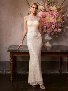 MOTF Soiréza ELEGANT FAUX PEARL & CONTRAST SEQUIN EMBELLISHED PARTY DRESS, SPRING/SUMMER - Apricot - View 3