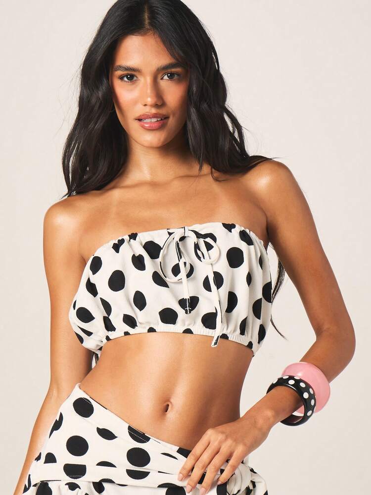 MISSGUIDED Polka Dot Ruched Bandeau Top With Wrap Frill Hem Mini Skirt Two Piece Co Ord Set Summer Strapless Outfit