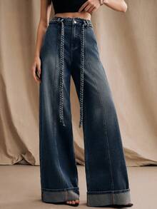 Anewsta Fashionable Woven Belt Rolled Hem Straight Leg Jeans - Blue - View 4