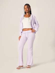 MISSGUIDED 女士薰衣草色毛巾布喇叭裤高腰柔软抓绒阔腿慢跑裤舒适休闲抽绳腰宽松阔腿裤 - 紫色 - 查看 2