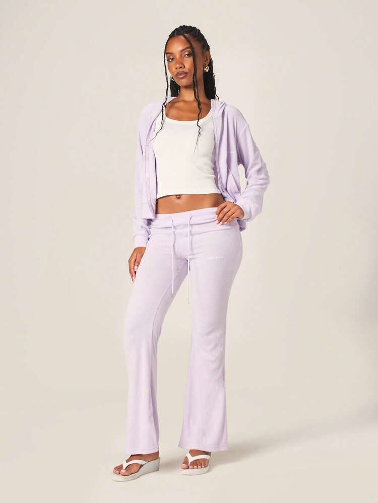 MISSGUIDED Pantalon de jogging ample en éponge lavande pour femmes, taille haute, doux et moelleux, jambes larges, style palazzo, confortable et décontracté, avec cordon de serrage à la taille, coupe ample