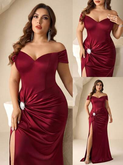 Coutiva Vestido de dama de honor elegante para mujer de talla grande con hombros descubiertos, decoración de diamante de imitación y abertura lateral fruncida