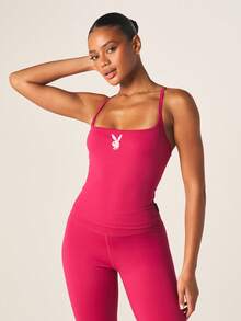 Missguided x Playboy Women's Hot Pink Logo Cross Back Cami Top With Adjustable Straps And Scoop Neckline For Casual Summer Wear - Burgundy - View 1