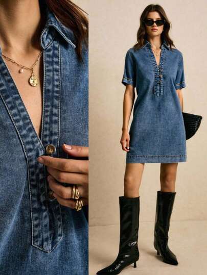 Poéselle Women's Denim Dress, Casual Washed Denim Short-Sleeved Dress, Loose Over-The-Knee Dress, Pullover Half-Front Dress, Blue Dress, Casual Vacation Summer Outfit, Spring Break Outfit, Women's Vacation Outfit, Vacation Dress, Women's Casual Dress.