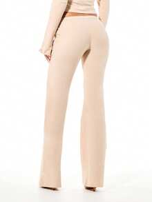 SUMWON WOMEN 系带镂空细节喇叭高腰阔腿裤，前系带休闲波西米亚风抽绳腰带时尚下装 - 卡其色 - 查看 2