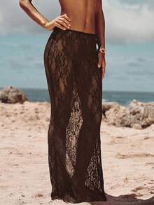 Opulessa Casual Solid Color Knit Lace Low Waist Fitted Mermaid Skirt - Coffee Brown - View 5