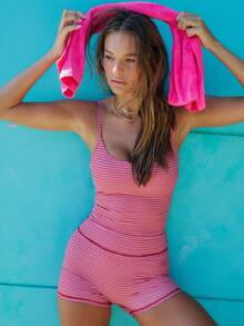 Aralina Leisurewear Active Women's 2pcs Multi Colour Stripe Cami Top And Short Gym Workout Two Pieces Set - Multicolor - View 9