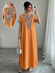 Rafferiza Contrast Color Embroidered Jewel Collar Loose Long Dress For Women - Burnt Orange - View 6