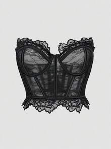 EgrlEra Áo corset ren tương phản có gọng, che phủ toàn diện, cúp ngực nâng đỡ bằng gọng (họa tiết hoa cắt ngẫu nhiên phần trên và dưới, 5 kiểu), nơ gợi cảm cho nữ, áo quây ren tương phản ôm sát màu đen, áo đơn giản cho nữ, mùa xuân/thu, trang phục thường ngày phong cách Y2K. - màu đen - Xem 1