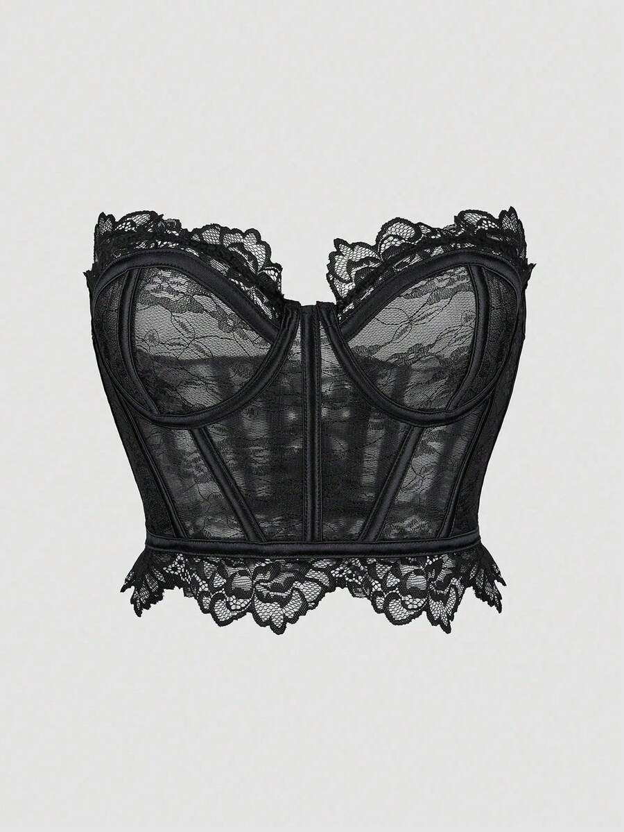 EgrlEra Áo corset ren tương phản có gọng, che phủ toàn diện, cúp ngực nâng đỡ bằng gọng (họa tiết hoa cắt ngẫu nhiên phần trên và dưới, 5 kiểu), nơ gợi cảm cho nữ, áo quây ren tương phản ôm sát màu đen, áo đơn giản cho nữ, mùa xuân/thu, trang phục thường ngày phong cách Y2K. - màu đen - Xem 1