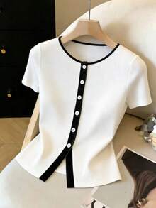 GlowEve Women's Casual Contrast Trim Button Front T-Shirt, Summer - Black and White - View 1