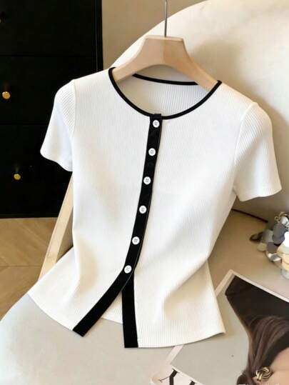 GlowEve Women's Casual Contrast Trim Button Front T-Shirt, Summer