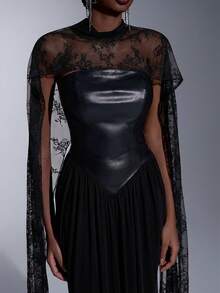 Elitara Robe élégante, luxueuse et polyvalente en patchwork , maille élastique, dentelle et froncée, avec manches amovibles à sequins et ourlet en queue de poisson. Convient pour les mariages, les fêtes, les vacances, les galas et les événements formels - Noir - Voir 2