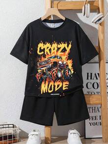 SHEIN Tween Boy Casual Street Style Big Letter Graphic Pullover T-Shirt And Solid Color Shorts 2-Piece Set Summer Outfits Y2k Vacation Tendencias Ss26 Goth Gothic Streetwear Sumwon Burgundy Holiday Vintage Boho Festival Gras Party Cute Birthday Boys Modest Casual Cozy - Multicolor - View 8
