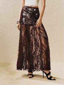 Arave Women's Elegant Sequin Contrast Lace Black Skirt, Party - Coffee Brown - View 6