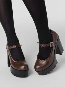 ROMWE Goth Tacones de mujer con adorno de encaje sexy, tacón grueso, moda de primavera/otoño, unicolor, con remaches metálicos, hebilla y tira, tacón alto y escote bajo, zapatos de otoño para Navidad - Café integral - Ver 2