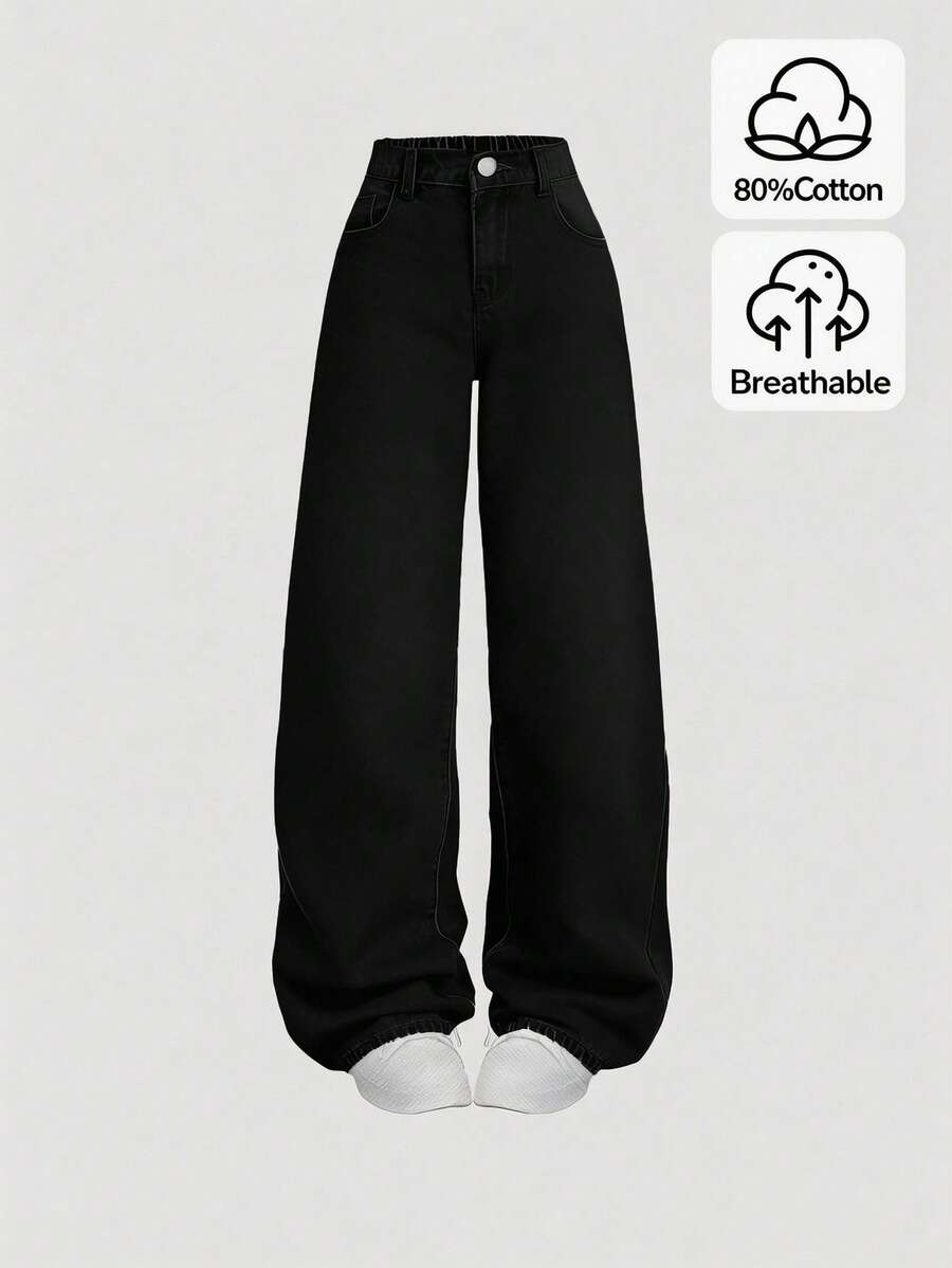 SHEIN Girlism Quần jean nữ tuổi teen phong cách Y2K dáng rộng, có túi và ống rộng, thích hợp cho kỳ nghỉ hè. - màu đen - Xem 1