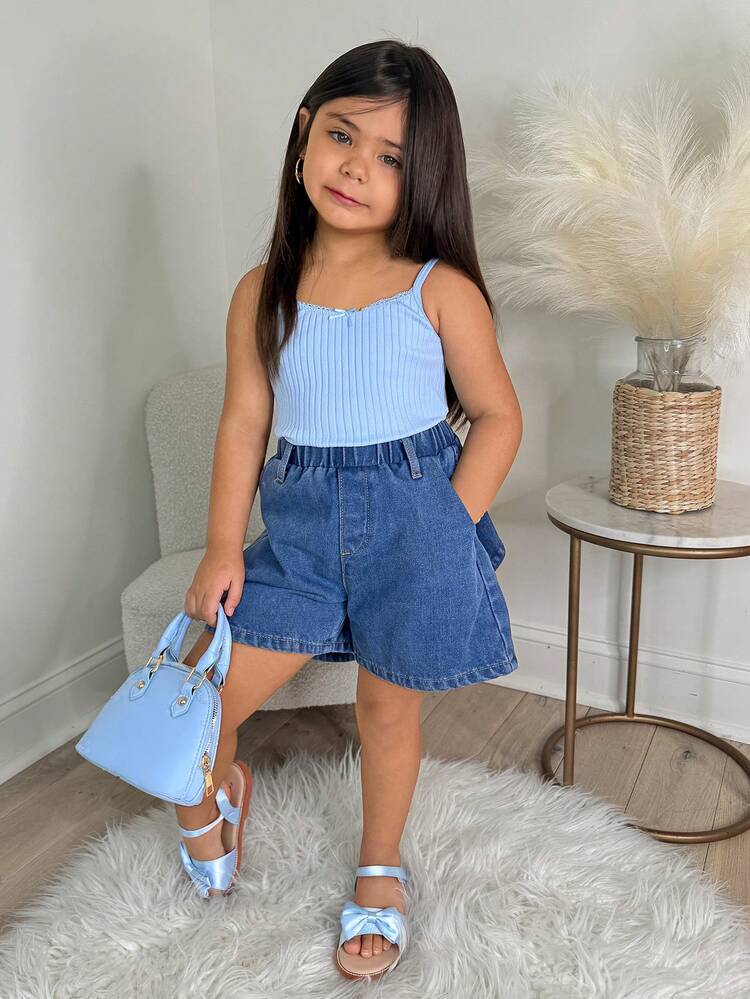 Young Girls Bowknot Korean Style Tie-Up Washed Casual Denim Shorts