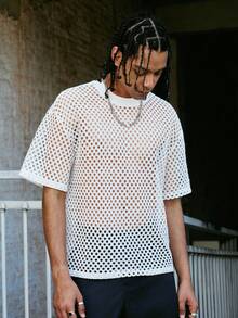 PAVTROS Men's Short Sleeve Round Neck T-Shirt, Hollow Mesh Jacquard Fabric - White - View 1