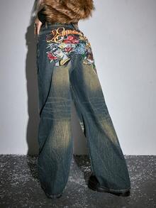 ROMWE J-Fashion Quần jeans nữ cạp thấp phong cách retro Thu Đông mới, họa tiết đầu hổ Geisha kiểu Trung Quốc, thêu chữ Anh. - Màu xanh lam - Xem 5
