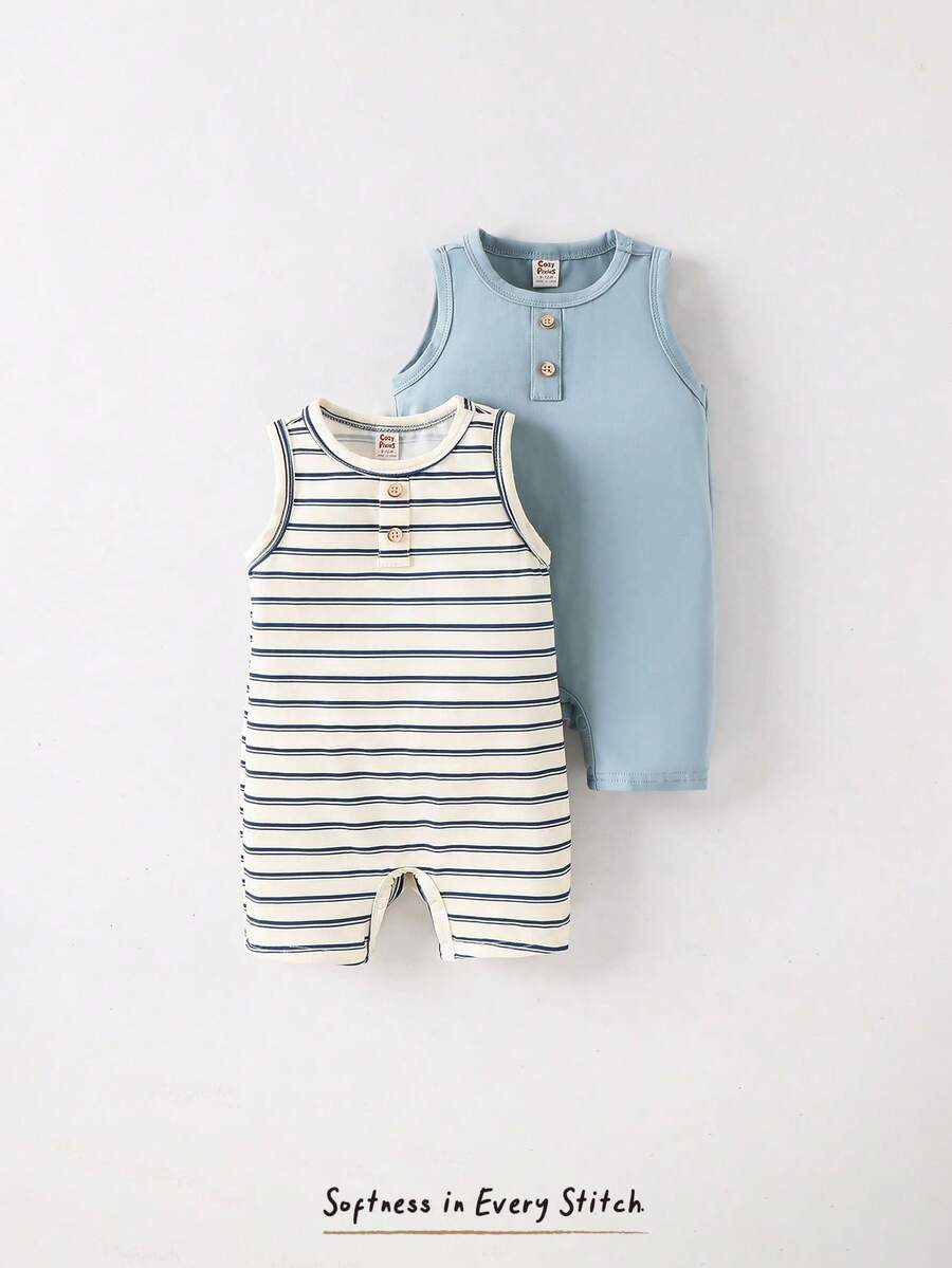 Cozy Pixies 2pcs Baby Boy Cartoon Pattern Solid Color Crew Neck Sleeveless Romper & Shorts Set,Kids - Multicolor - View 1