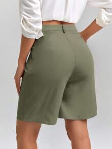 SHEIN Clasi 女士纯色高腰褶裥休闲七分裤 - 綠色 - 查看 2