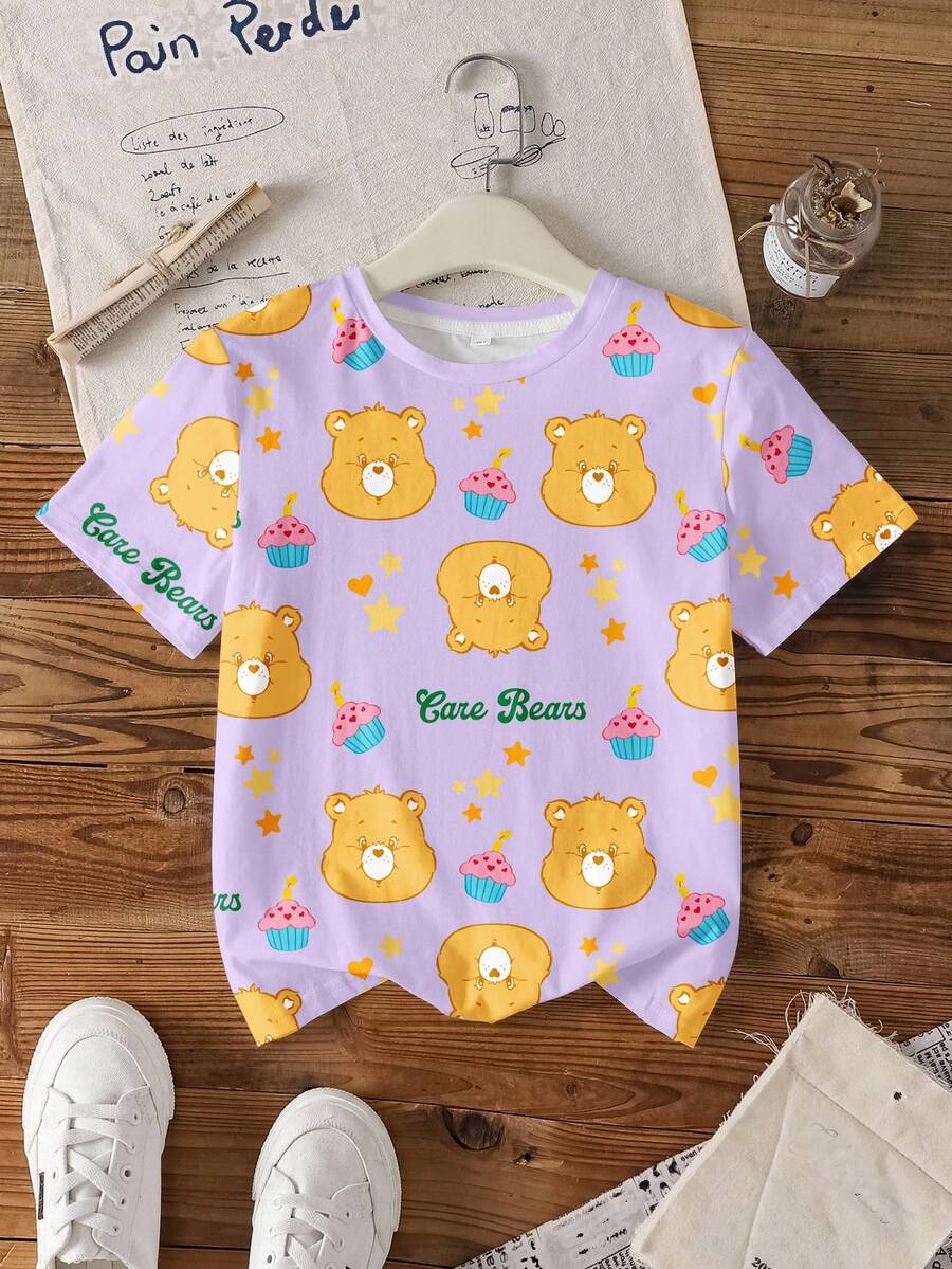 SHEIN X Care Bears 少女休闲小熊印花短袖T恤 - 白色 - 查看 1
