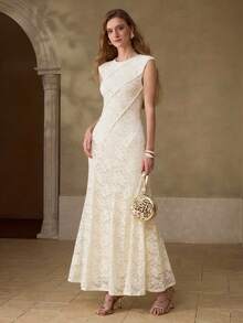 MOTF PREMIUM WOMEN'S ROMANTIC LACE STRUCTURED LONG DRESS, SPRING/SUMMER - Apricot - View 4