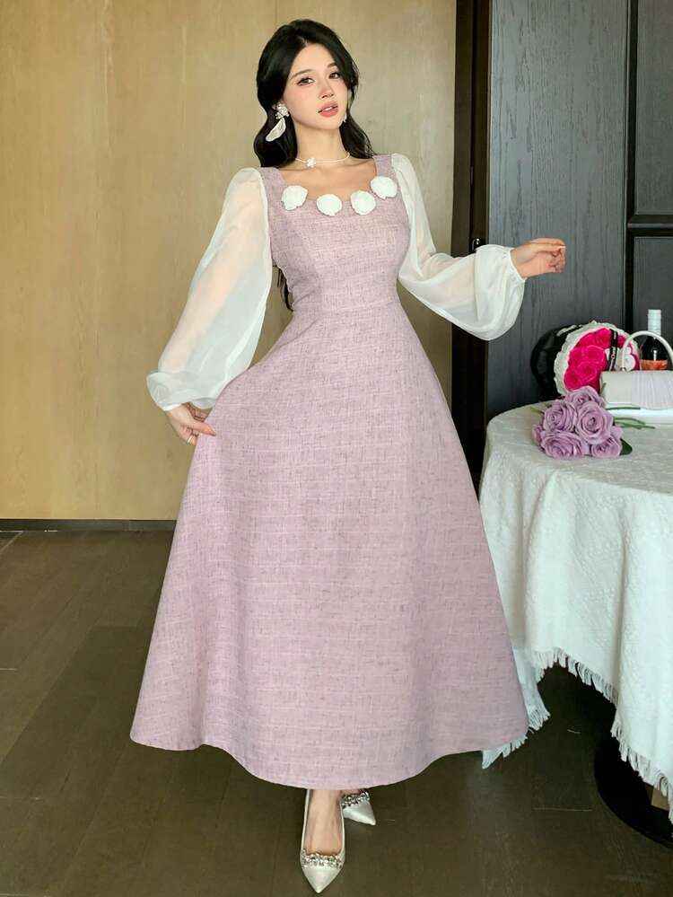 Women's Elegant Midi Dress With 3D Floral Decor, Square Neckline And Lantern Sleeves Sundress Summer