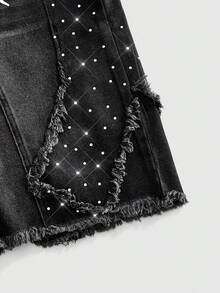 ROMWE MEN Street Life Pantalones cortos de mezclilla sueltos con diamantes brillantes para hombres - Negro - Ver 3