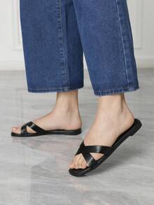 Sleekvia Women Shoes Summer Cross Band Round Toe Flat Bottom Outfit Versatile Black Brown - Black - View 3