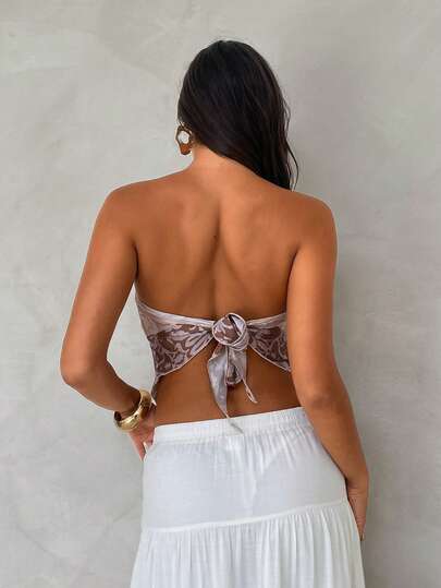 Aloruh Women's Spring/Summer Vacation Scarf Print Crop Top, Bohemian Style Bandeau Tube Top With Bowknot Strap, Suitable For Music Festival