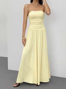 SHEIN Tall Đầm dài nữ kiểu dáng thường ngày màu be, mùa hè, màu vàng bơ. - Màu vàng - Xem 10